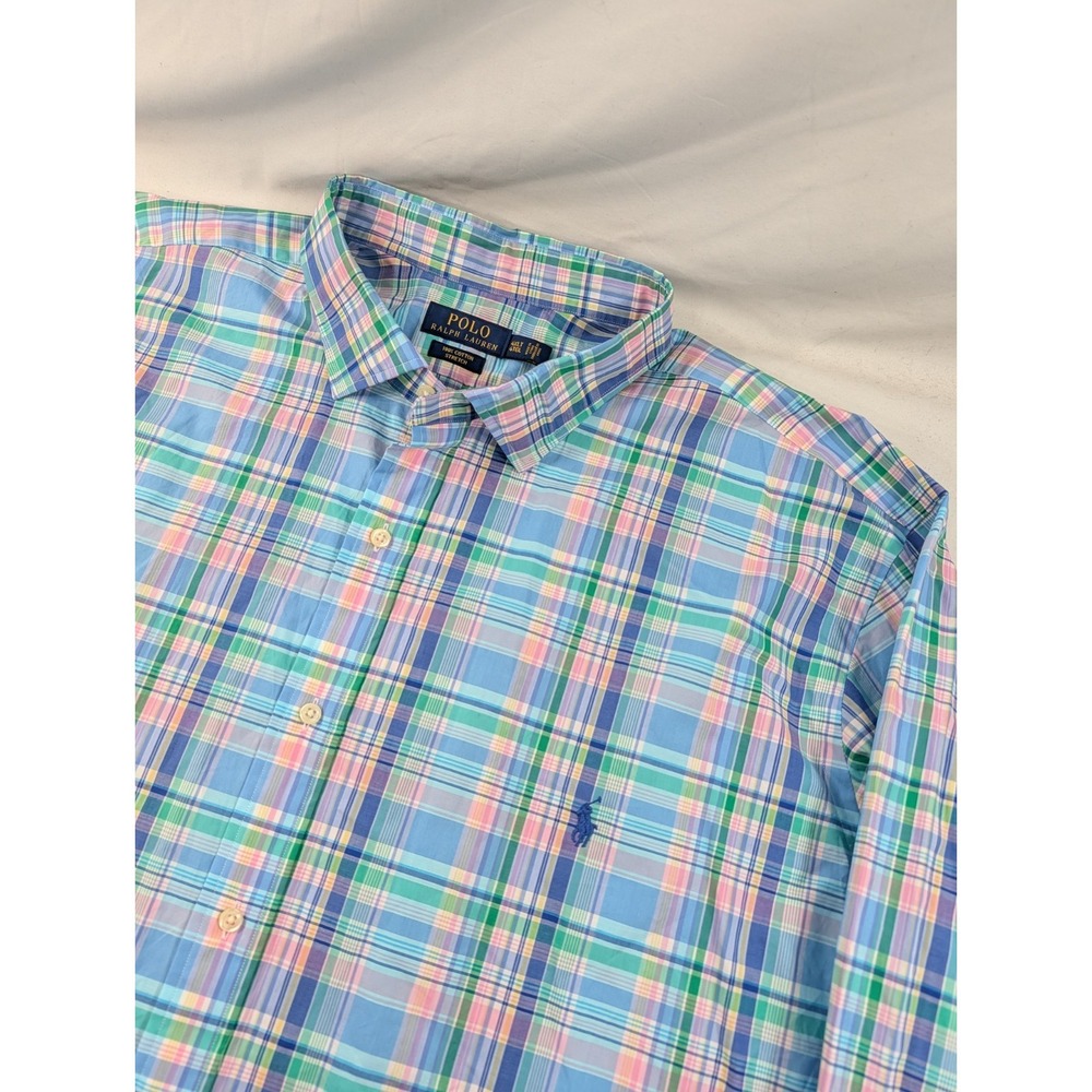 Ralph Lauren Men 4XLT Plaid Button Down Shirt Blue Pink Check Long Sleeve Pony